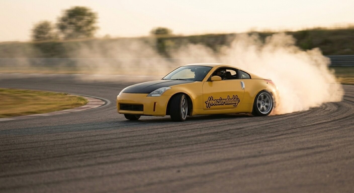 A yellow drift car sliding sideways through a track corner in a haze of tire smoke at sunset