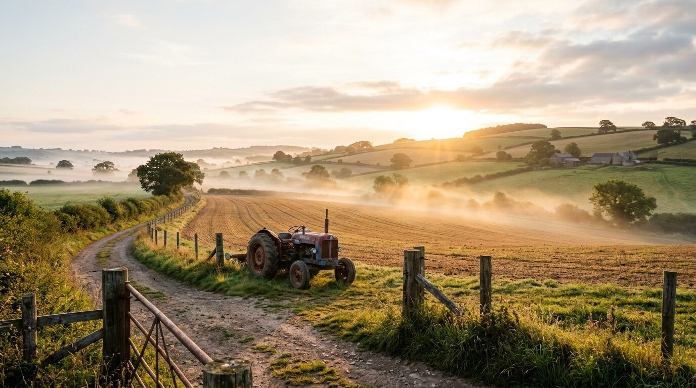Morning fog burning off rolling farmland at sunrise, with a vintage tractor resting by a fence line along a dirt lane