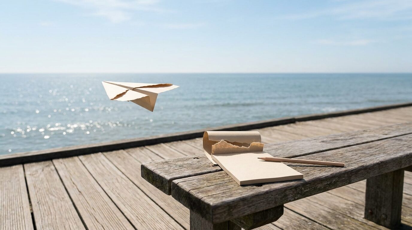 A paper airplane torn from a notepad glides over a calm sea beside a weathered boardwalk bench with a pencil.
