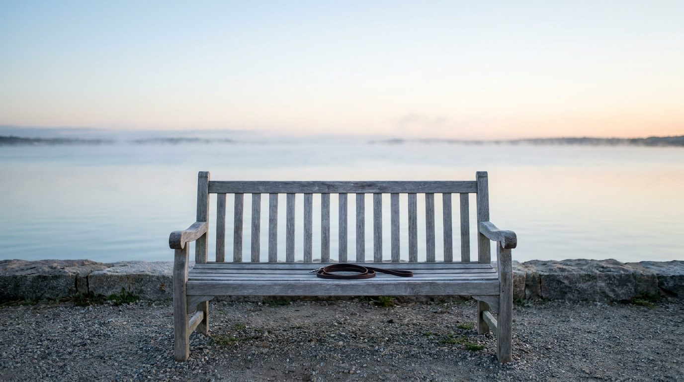 An empty wooden bench with a coiled leather dog leash on the seat, facing calm misty water at dawn.