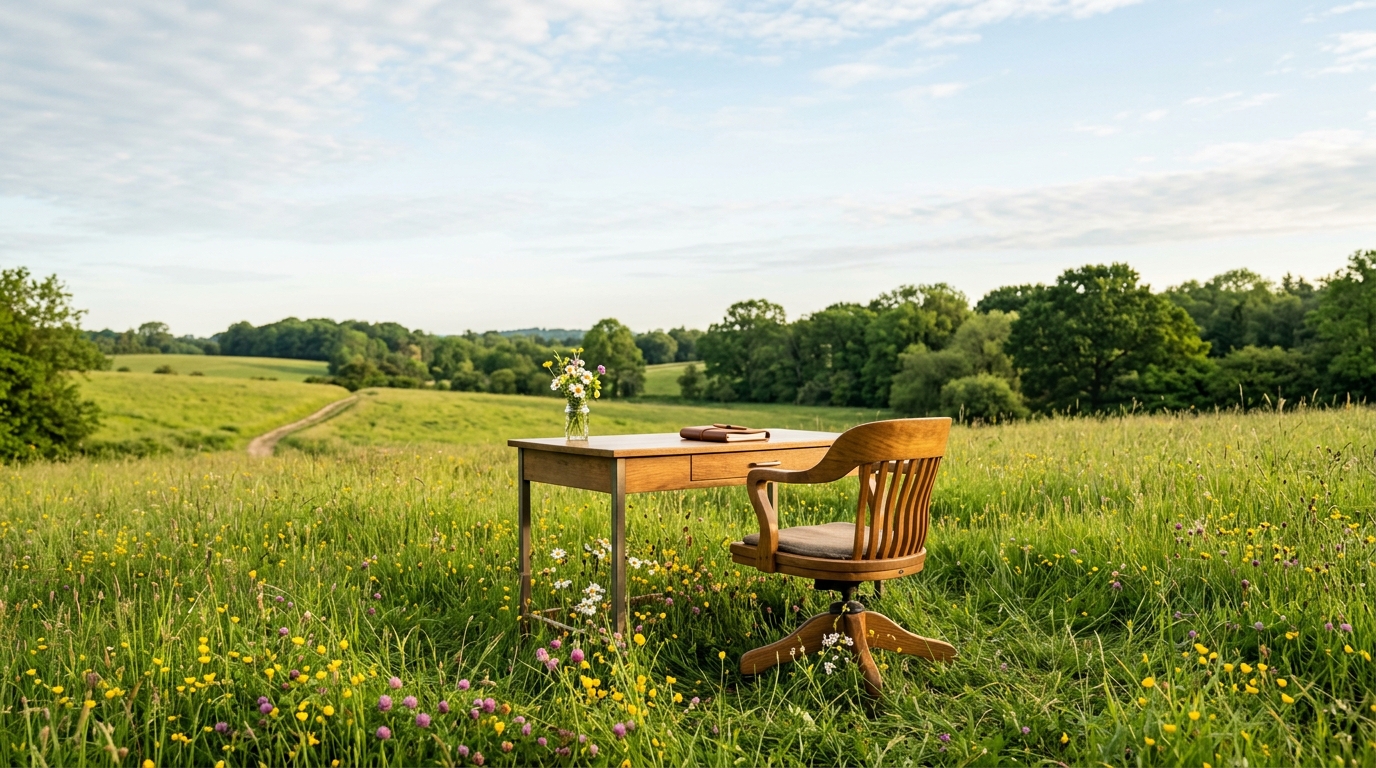 A wooden desk and chair sitting alone in a sunlit wildflower meadow