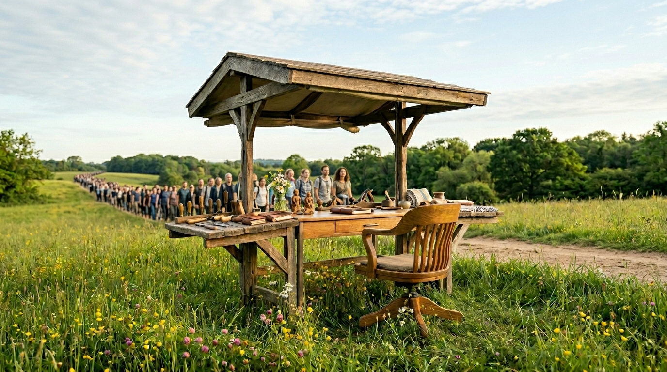 A covered wooden workbench in a sunlit meadow with a long line of people stretching to the horizon