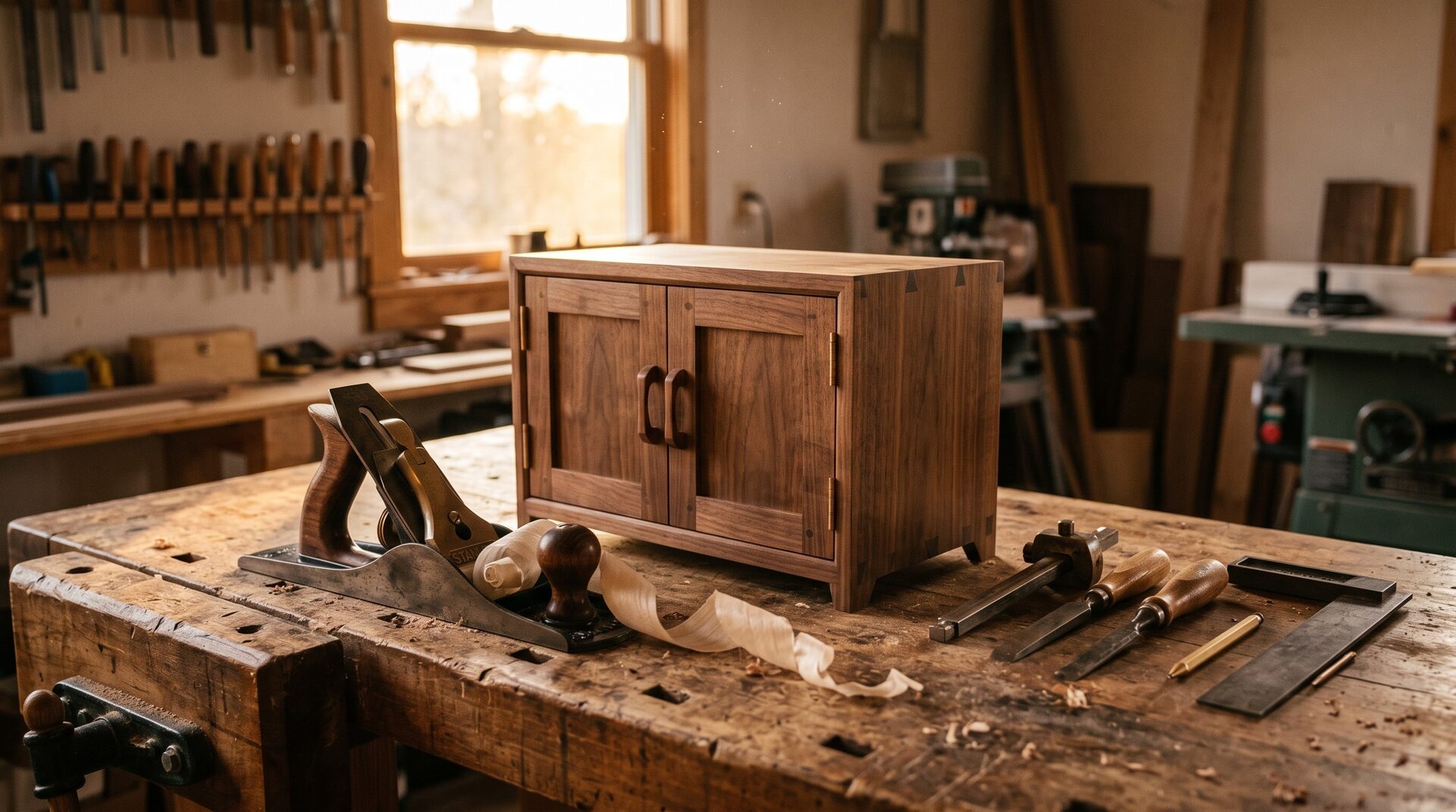 A handcrafted walnut cabinet with dovetailed corners on a worn workbench, a hand plane and curled shavings beside it, in a sunlit woodshop