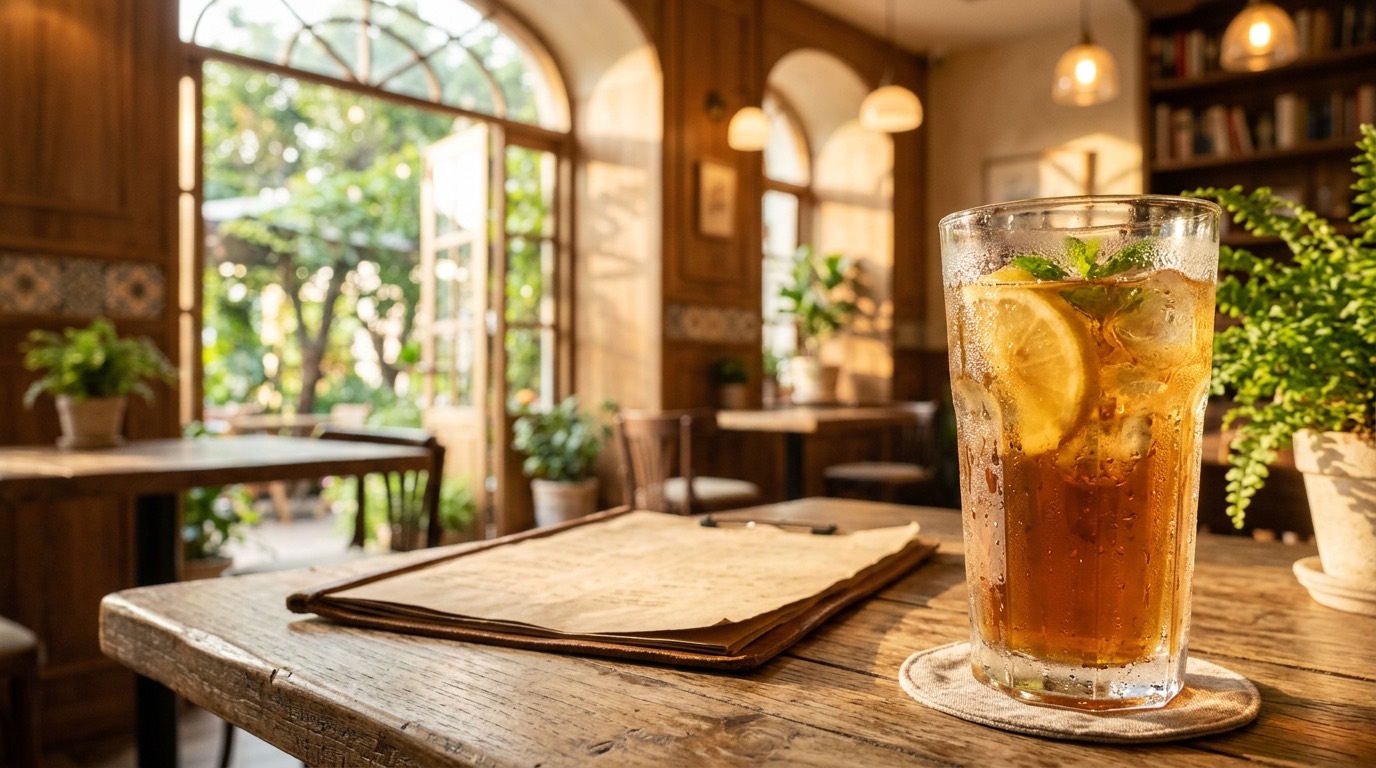 A tall glass of iced tea with lemon and mint beside a leather-bound menu on a sunlit cafe table, garden doors open behind