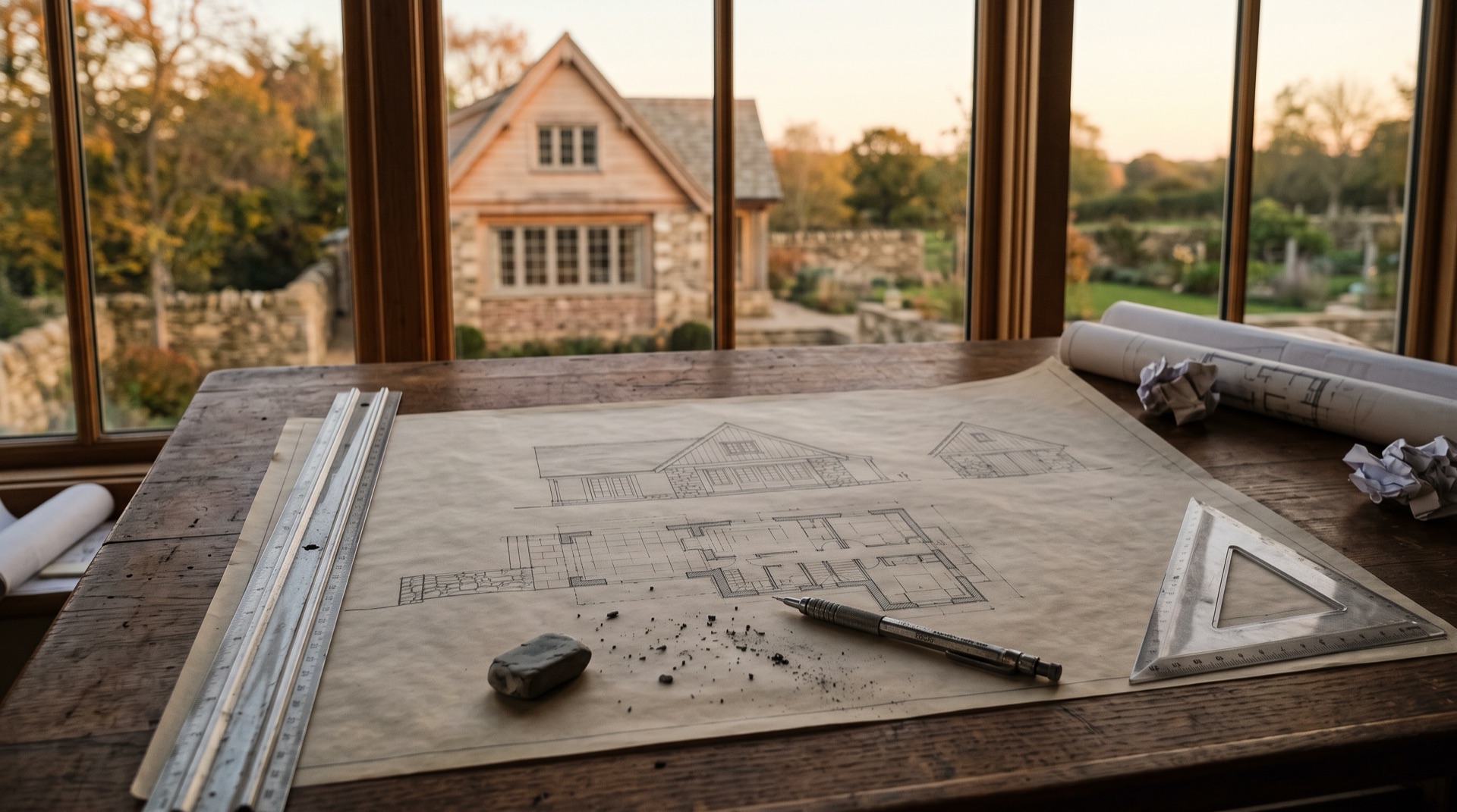 An architect's wooden drafting table at golden hour with a hand-drawn pencil plan of a stone cottage, held flat by a ruler and drafting triangle, while the finished cottage stands outside the window