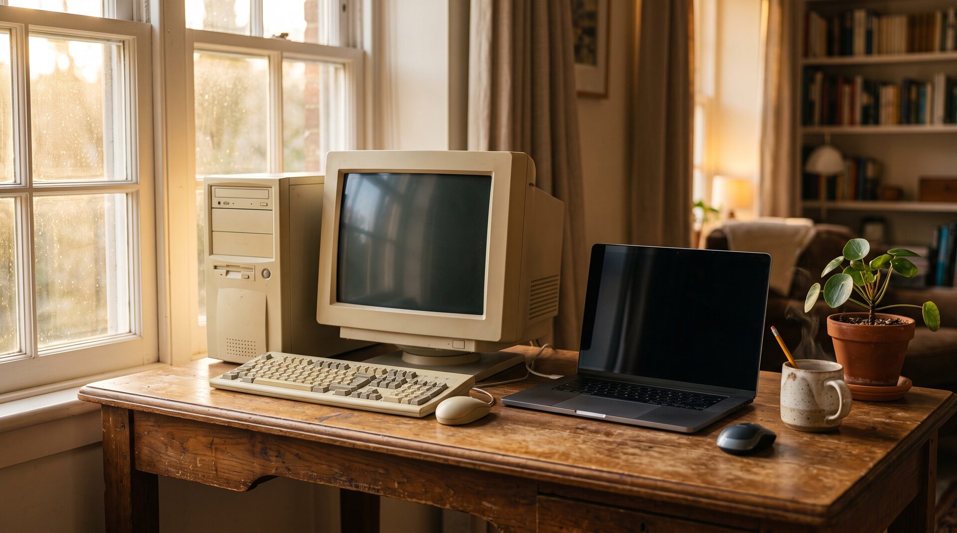 A worn wooden desk by a sunlit window at golden hour, with a beige late-1990s computer and CRT monitor beside a slim modern laptop, both screens dark