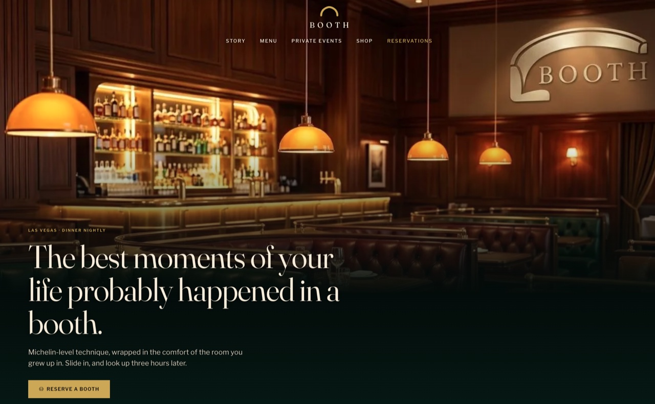 The Booth restaurant website the builder generated: a warm, wood-paneled supper club hero with glowing pendant lamps, the headline 'The best moments of your life probably happened in a booth,' and a 'Reserve a Booth' button