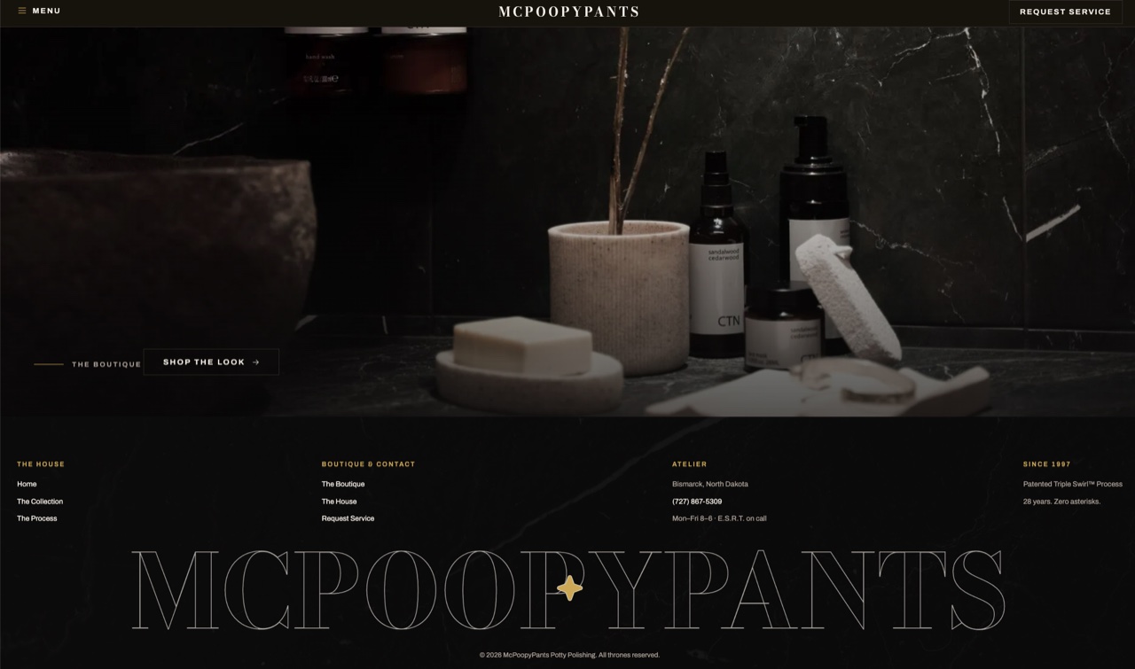 The McPoopyPants Potty Polishers website the builder generated: a dark, marble-and-cedarwood luxury layout with an oversized outlined wordmark, a 'Shop the Look' boutique section, and an editorial footer